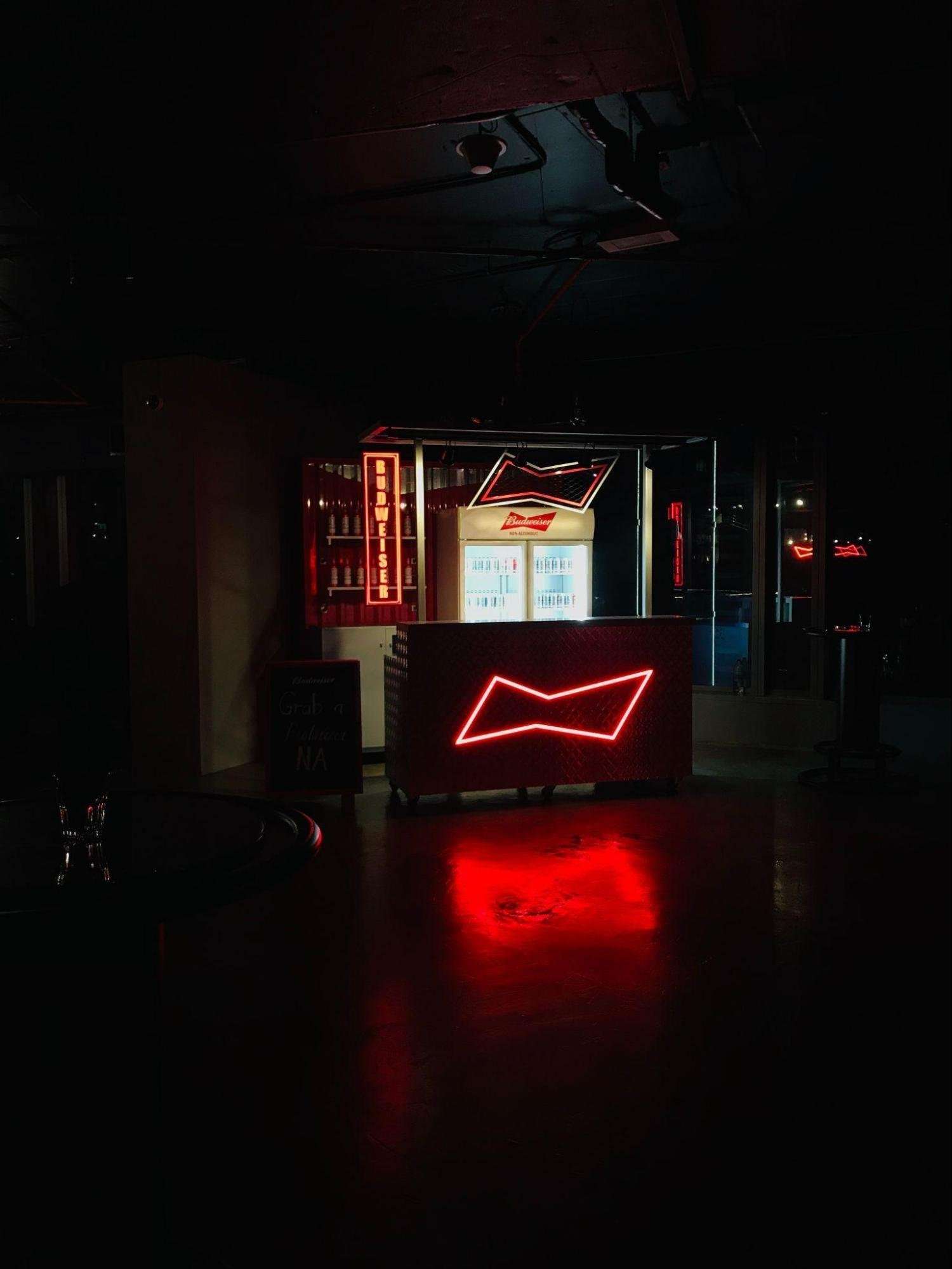 Budweiser logo and fridges outside
