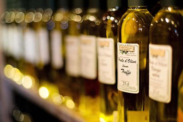 Truffle oil bottles in a food hall