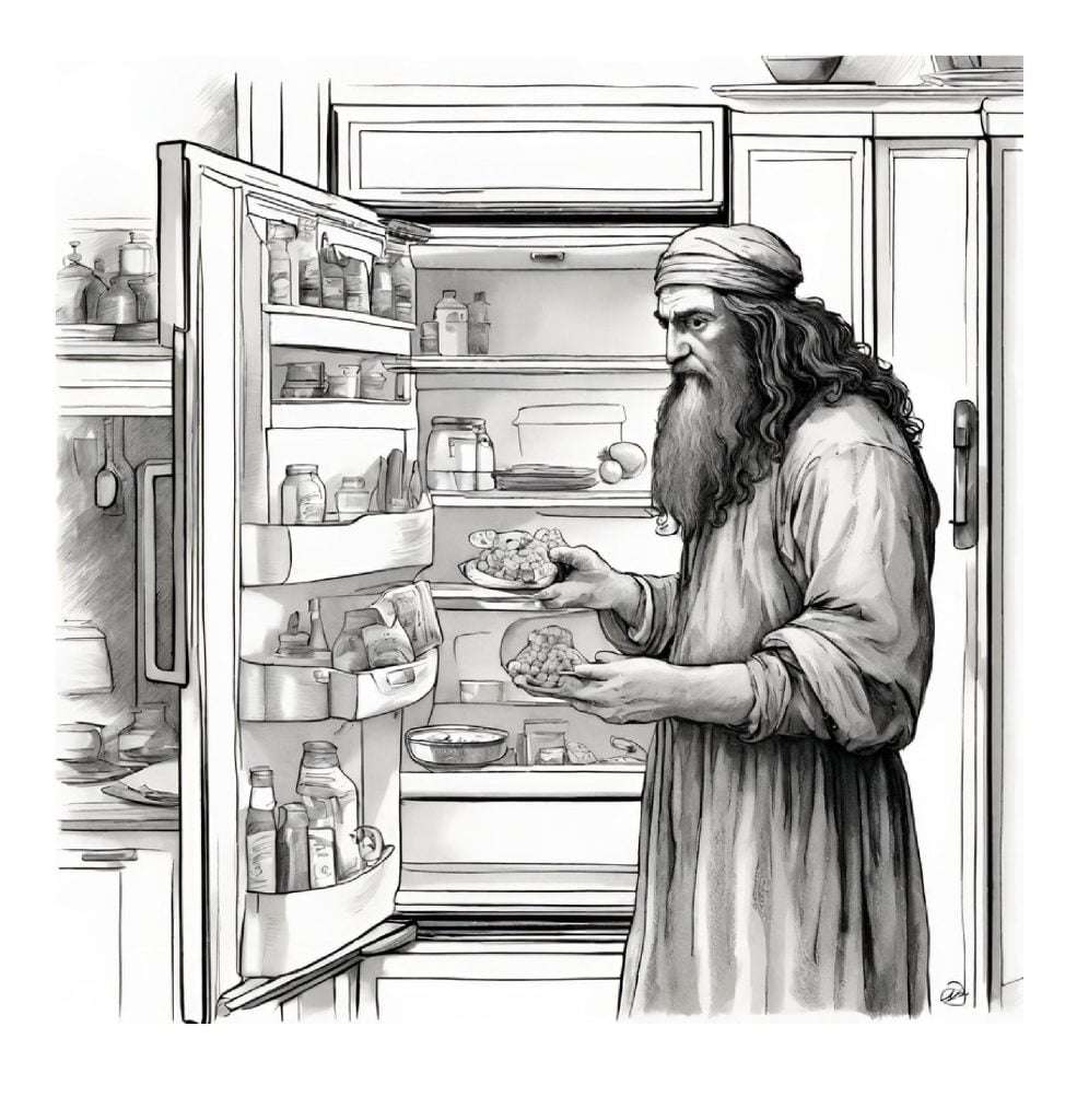 Leonardo da Vinci in front of a full fridge selecting what to eat