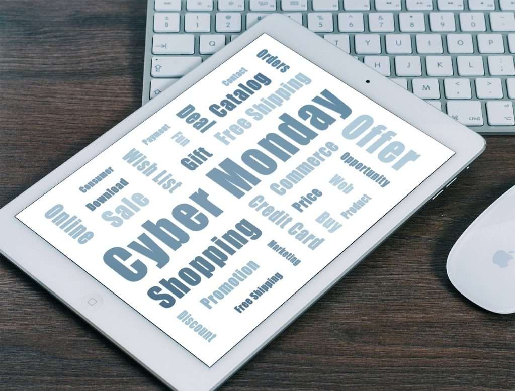 cyber monday the e-commerce and online fashion brands sale date globally. Showing tablet with the words Cyber Monday and sale, discount, promotions, deals