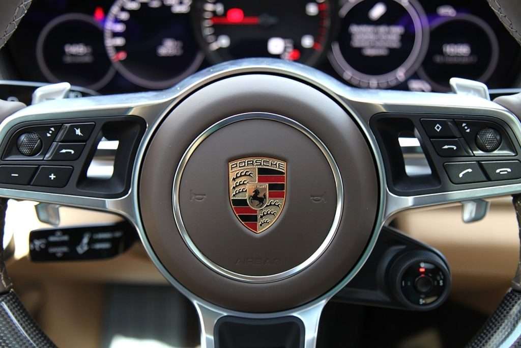 The Porsche Panamera interior focus on steering wheel and instruments