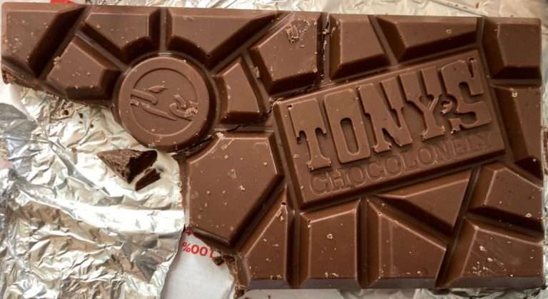 Tony’s Chocolonely a Dutch Premium Chocolate Brand. This is salted caramel milk chocolate.