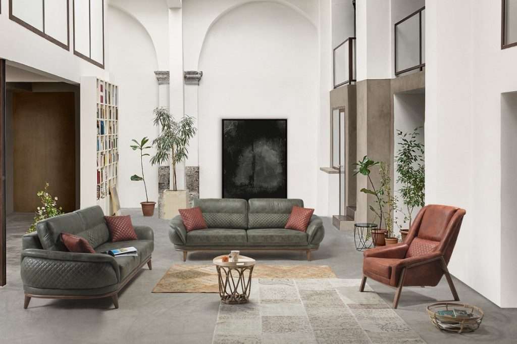 Green furniture and red cushions