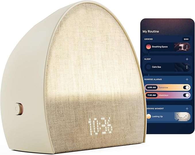Gold coloured Hatch Restore 2 offers a sunrise alarm, sound machine, and customizable sleep routines to improve rest.