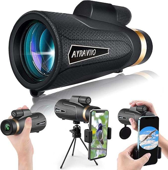 AYRAVIIO 12×60 Monocular Telescope with clear views to 12× magnification and a 60mm objective lens. Equipped with BAK-4 prism and SMC green lens for 99.8% light transmission and low-light night vision.