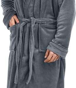 NY Threads Men's Fleece Bathrobe features a shawl collar, adjustable waist belt, and two front pockets.