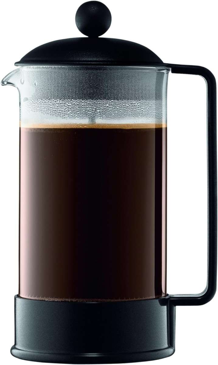 Bodum Brazil French Press. Brew bold coffee with this durable borosilicate glass French press featuring a BPA-free design and smooth-pouring stainless steel plunge.