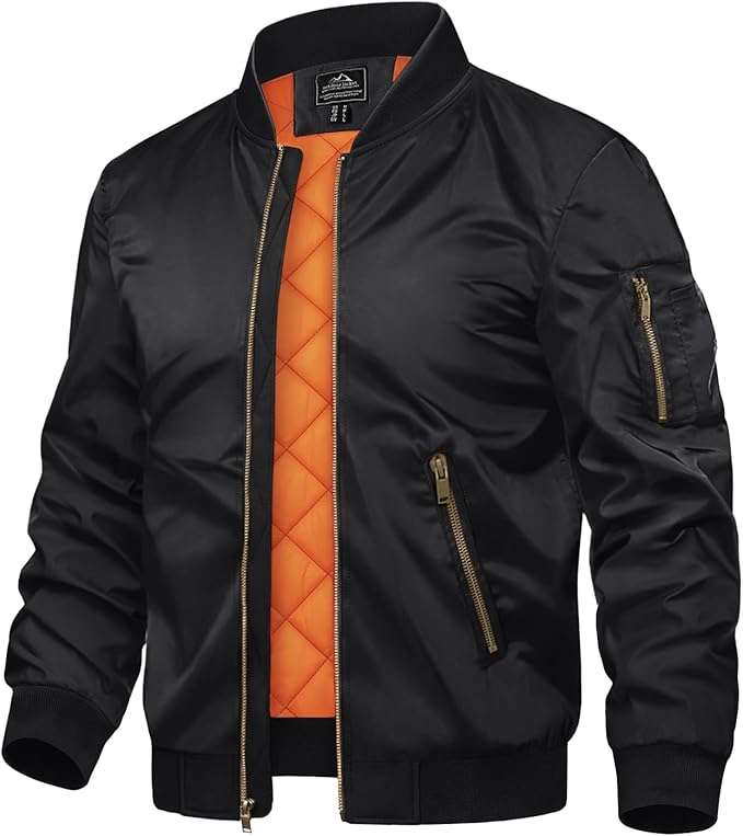 TACVASEN Men's Bomber Jacket. Stay warm and stylish with this jacket featuring a stand-up collar, full zip, and orange polyester lining.