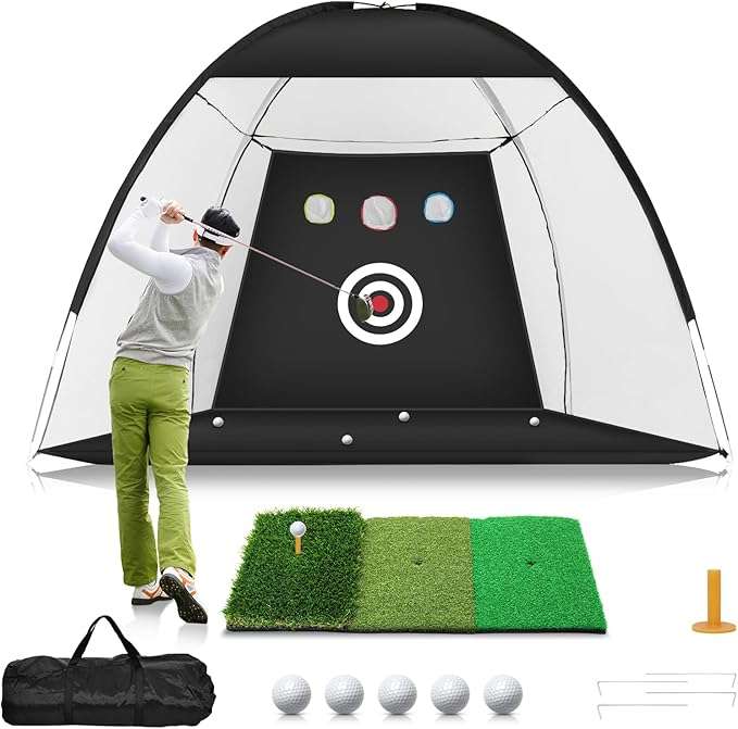 All-in-One Golf Hitting Training Net with 10 x 7 x 6 ft net, tri-turf mat and balls
