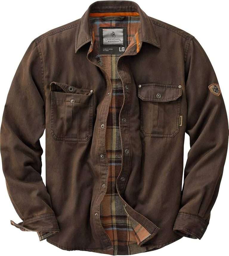 Brown legendary Whitetails Men's Journeyman Shirt Jacket that keeps people warm and stylish with a flannel-lined, water-resistant shacket.