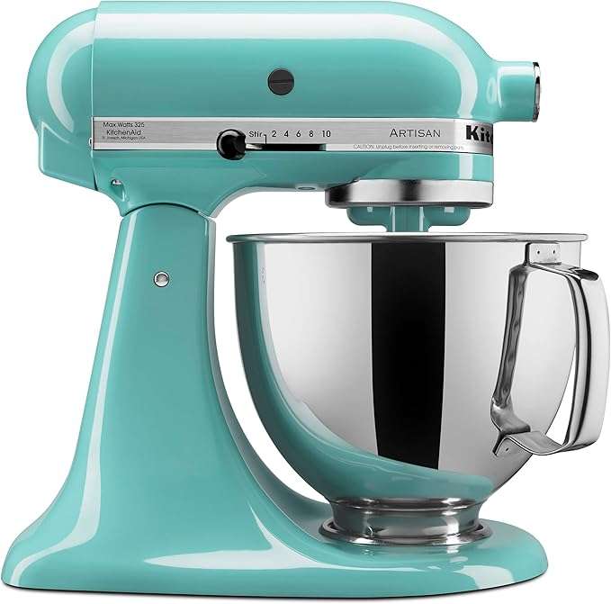 Green KitchenAid Artisan Series 5 Quart Tilt-Head Stand Mixer in Aqua Sky Offers a 5-quart stainless steel bowl with a handle, mixing up to 9 dozen cookies or 4 loaves of bread in one batch.