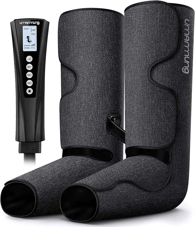 Black air compression leg massager provides adjustable relief for tired legs, swelling, and muscle fatigue.