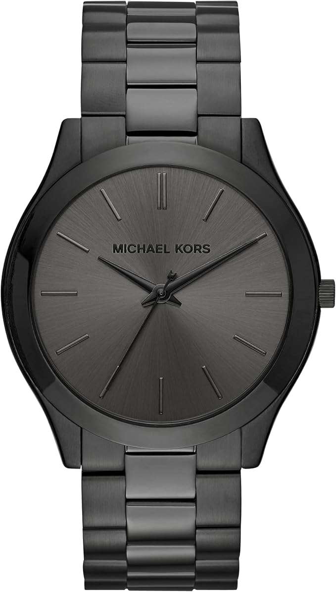 Michael Kors Slim Runway Watch This black IP watch features a 44mm stainless steel case, scratch-resistant mineral crystal, and black stainless steel bracelet (customizable fit).