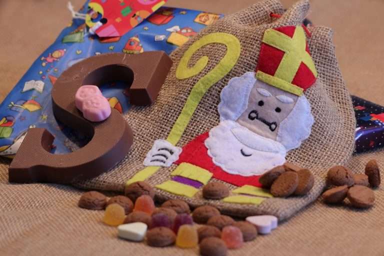 Traditional Saint Nicholas bag with pepernoten and chocolate letter S