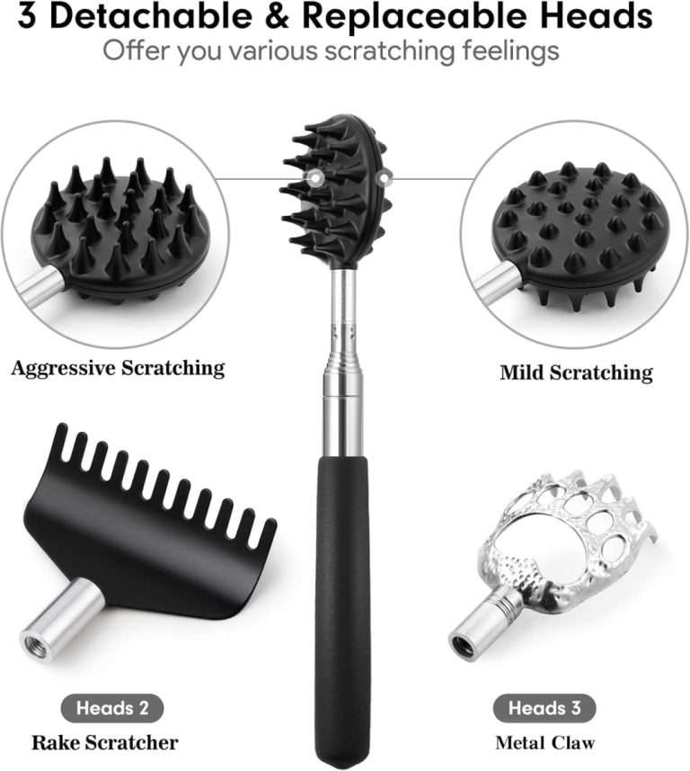 Telescoping Back Scratcher – Perfect Gift! 🎁 Includes 4 interchangeable scratcher heads (spike, claw, rake) for a customizable scratching experience.