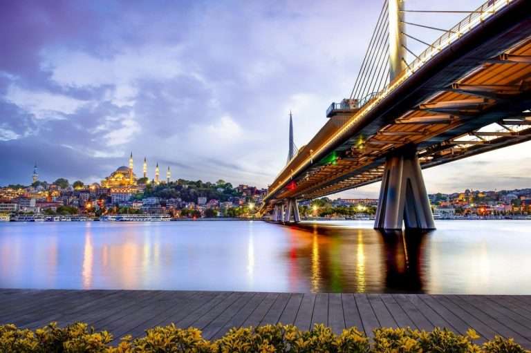 istanbul bridge and large mosque in the evening